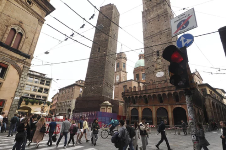 Italian officials secure 12th Century leaning tower in Bologna to prevent collapse