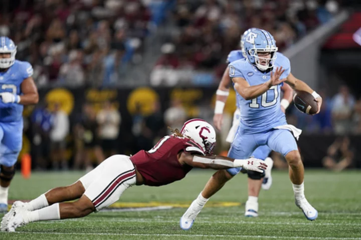 Drake Maye throws 2 TDs, No. 21 North Carolina has 9 sacks in 31-17 win over South Carolina