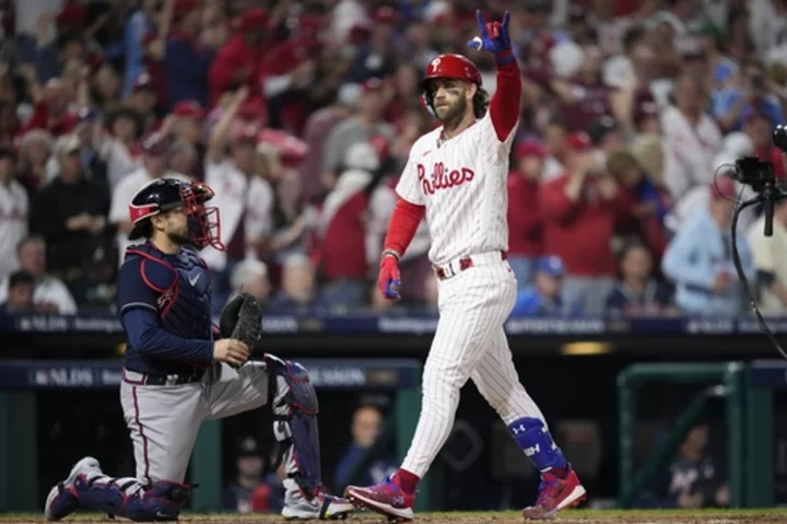 Bryce Harper slugs 2 more homers as Phillies pound Braves 10-2 in Game 3 of NL Division Series