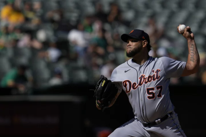 Rodriguez and Detroit relievers combine to blank Oakland 2-0 in A's last home game